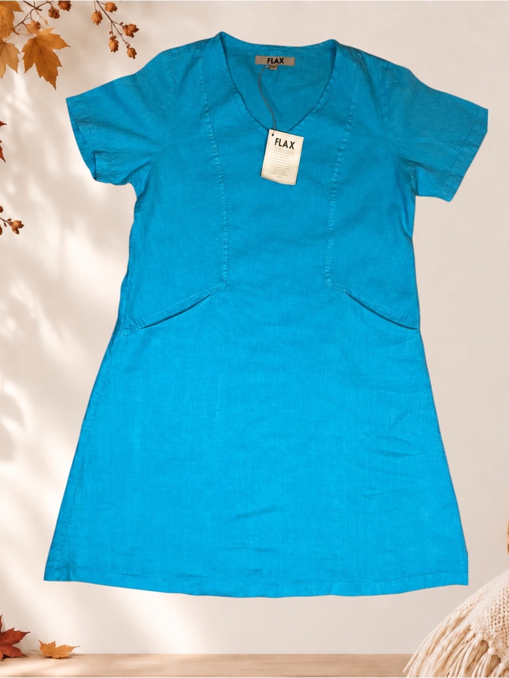 Flax 100% Linen  Turquoise V-Neck Short Sleeve Dress